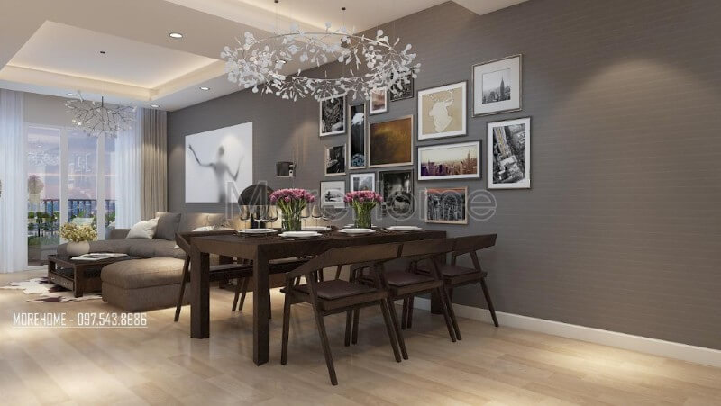 Thiết kế nội thất phòng đẹp liền kề với không gian phòng khách tạo cho gia chủ một không gian dùng bữa ấm áp hơn Mẫu nội thất chung cư hiện đại
