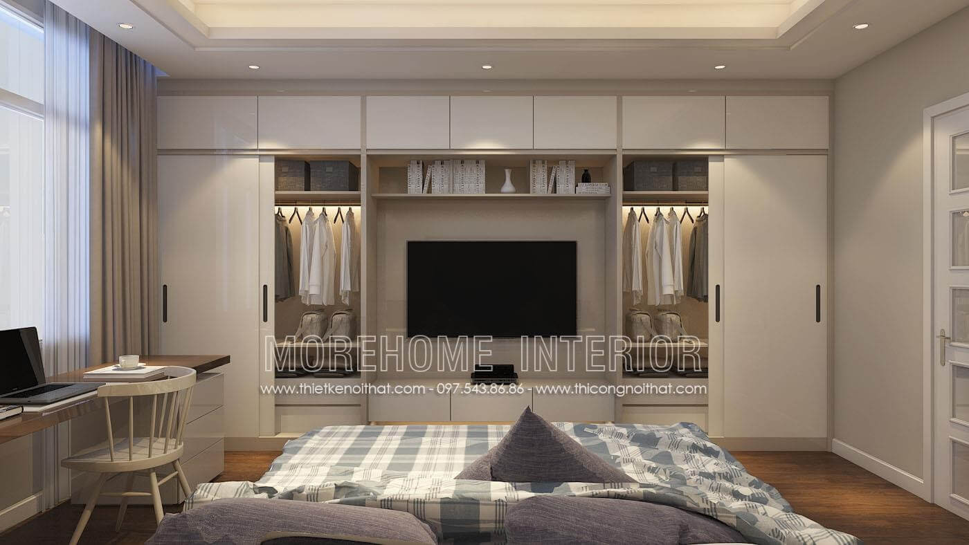 Thiết kế tủ áo thông minh, vừa là tủ quần áo, vừa là kệ tivi, giải pháp tiết kiệm không gian cho phòng ngủ chung cư Mẫu nội thất chung cư hiện đại