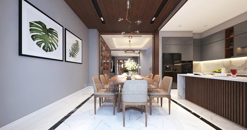 Bộ bàn ghế ăn 8 ghế gỗ óc chó cao cấp cùng chất liệu nệm bọc êm ái được thiết kế tối giản giúp không gian trở nên thông thoáng nhưng không kém phần hiện đại, sang trọng. Mẫu nội thất biệt thự đẹp