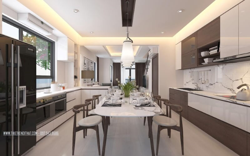 Bố trí nội thất phòng bếp hiện đại nhưng nhẹ nhàng, sang trọng. Mẫu nội thất biệt thự đẹp