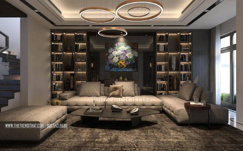 Ấn tượng với bộ sofa lớn thiết kế theo phong cách hiện đại được bọc da nâu cao cấp giữa phòng khách biệt thự, nhà phố. Thiết kế phòng khách biệt thự