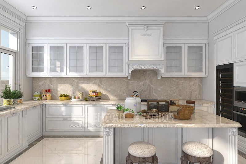 Mẫu tủ bếp đẹp cho biệt thự phong cách tân cổ điển với gỗ tần tì nhập khẩu phun sơn cao cấp đầy sang trọng Tủ bếp gỗ, tủ bếp gỗ tự nhiên, tủ bếp tân cổ điển