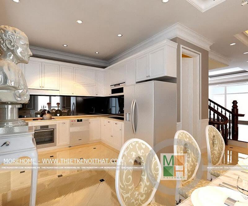 Mẫu tủ bếp gỗ màu trắng hình chữ L được trang bị đầy đủ các thiết bị bếp cao cấp tạo sự tiện nghi cho người nội trợ Tủ bếp gỗ, tủ bếp gỗ tự nhiên, tủ bếp tân cổ điển