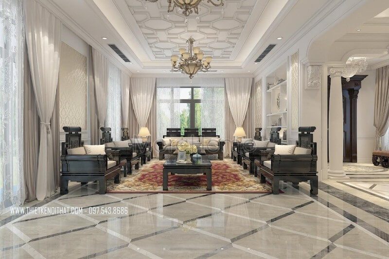 Trang trí nội thất phòng khách biệt thự cao cấp tân cổ điển