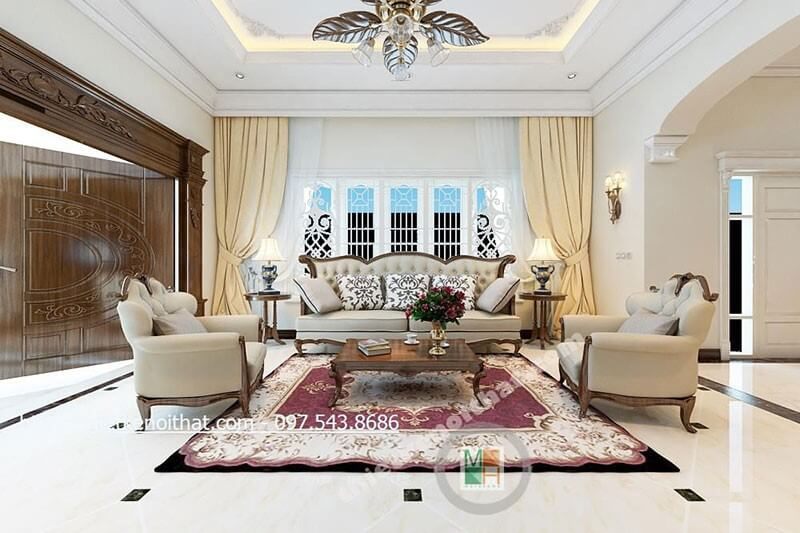 Thiết kế phòng khách rộng với nội thất gỗ tự nhiên tone màu trắng tạo không gian phòng cao cấp sang trọng