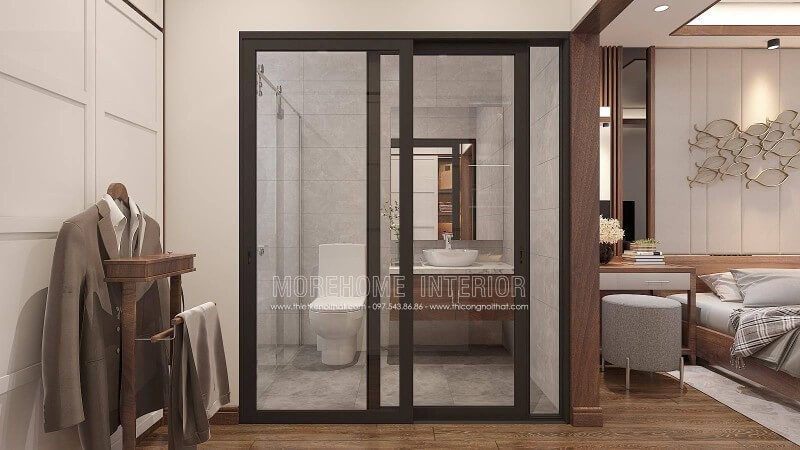 Cánh cửa trượt giúp bạn mở ra đóng vào không ảnh hưởng đến việc lấy mọi thứ xung quanh mà vẫn mang lại vẻ đẹp sang trọng, tiện nghi cho cả nhà hay vách tắm kính cửa trượt, hay ý tưởng sử dụng gạch ốp phòng tắm giả bê tông mang lại vẻ đẹp phòng ngủ khép kín sang trọng phù hợp với các không gian như nhà phố, biệt thự.