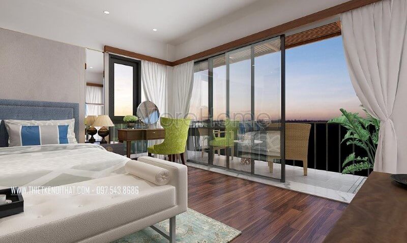Thiết kế nội thất phòng ngủ vợ chồng hiện đại có ban công thông thoáng, đẹp mắt.