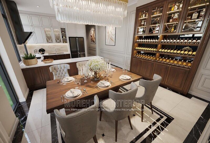 Đèn trang trí thủy tinh cao cấp tạo vẻ đẹp sang trọng, quý phái cho không gian phòng ăn đương đại.