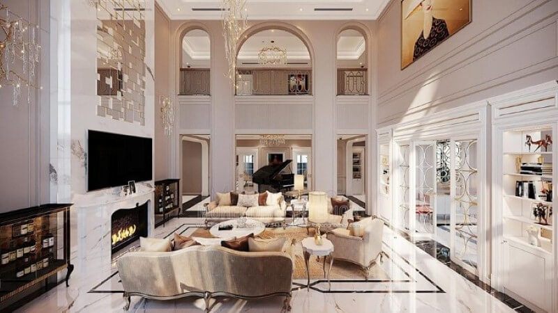 Bố trí nội thất biệt thự Vinhomes Imperia Hải Phòng ấn tượng với phòng khách thông tầng đẹp, sang trọng.