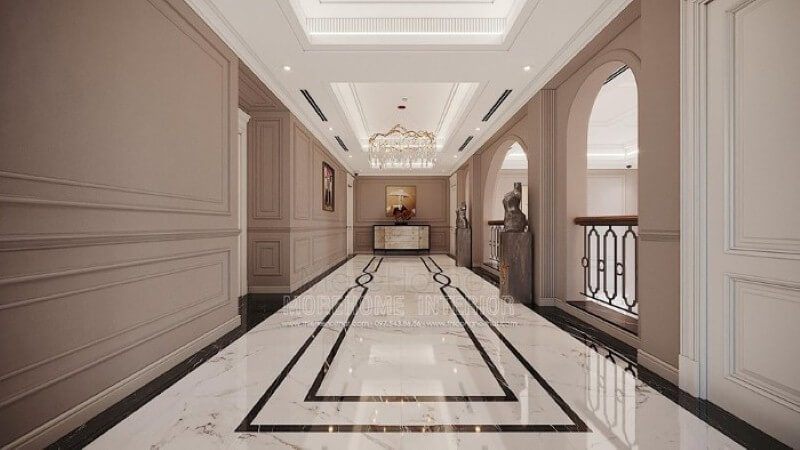 Đá lát sàn đẹp tạo góc nhìn ấn tượng cho không gian hành lang thông tầng.