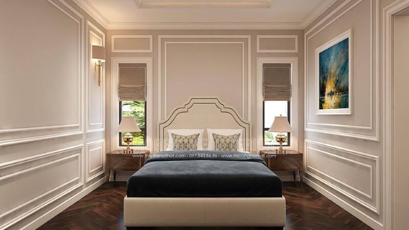 Sắp xếp nội thất phòng ngủ tân cổ điển sang trọng, thông thoáng với hệ cửa đầu giường giúp không gian luôn được thông thoáng.