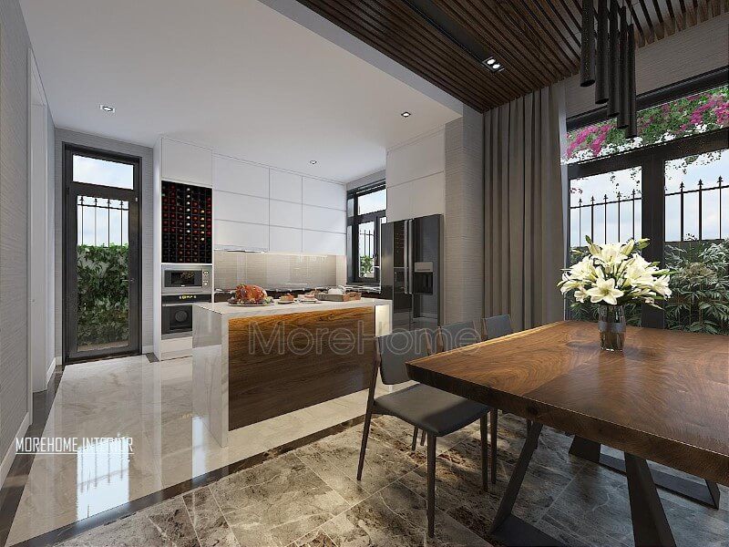 Trang trí phòng bếp biệt thự hiện đại với thiết kế theo cách hướng tới tự nhiên với ánh sáng được tận dụng một cách tối đa trong mọi góc cạnh ngôi nhà.
