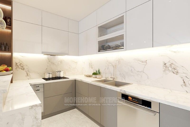 Thiết kế nội thất căn bếp chung cư với nội thất nhà bếp thiết kế khoa học, tiện nghi