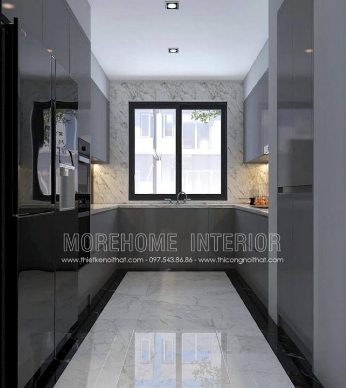 Xu hướng trang trí nội thất phòng bếp sử dụng gỗ công nghiệp acrylic màu xám cùng mảng tường lớn được trang trí bởi đá nhân tạo có vân là điểm nhấn đáng chú ý để bạn có thể rút ngắn thời gian vệ sinh phòng bếp mà vẫn giữ nguyên vẹn vẻ đẹp như ban đầu.